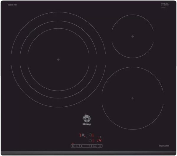 Balay 3EB967FR - Placa de Inducción, 3 Zonas, 60cm, Función Sprint, 17 Niveles Cocción, Control Táctil, Negro con bisel delantero [Clase de eficiencia energética A]