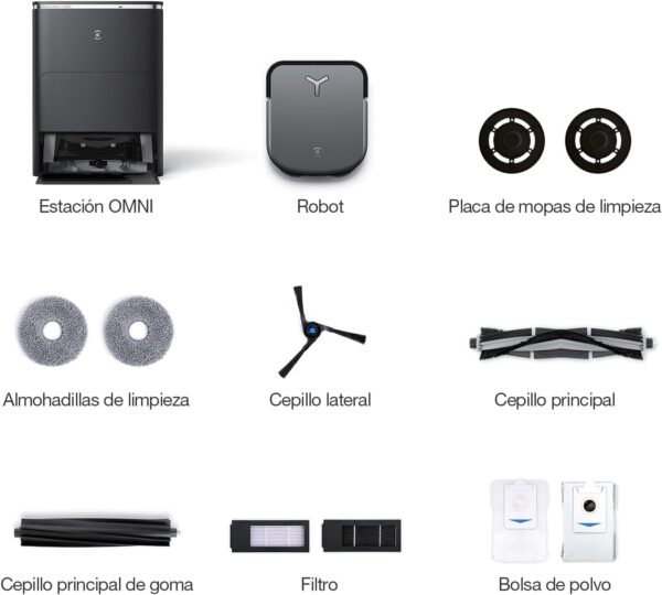 ECOVACS DEEBOT X2 Omni 8000 Pa Robot Aspirador y fregasuelos con estación Todo en uno, diseño Cuadrado + Kit de Recambio Original, 1*Cepillo Principal, 2*Cepillo Lateral, 3*Filtros Antibacterias - Imagen 7