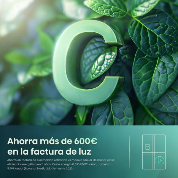 Hisense RS818N4TIC - Frigorífico Americano Side By Side, Eficiente Clase C, Capacidad 632 L, Dispensador Agua & Hielo, Conectividad WiFi, Metal Cooling, Multi-Air Flow, Color Inox [Clase de eficiencia energética C] - Imagen 7