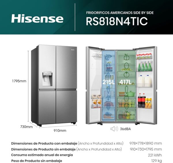 Hisense RS818N4TIC - Frigorífico Americano Side By Side, Eficiente Clase C, Capacidad 632 L, Dispensador Agua & Hielo, Conectividad WiFi, Metal Cooling, Multi-Air Flow, Color Inox [Clase de eficiencia energética C] - Imagen 9